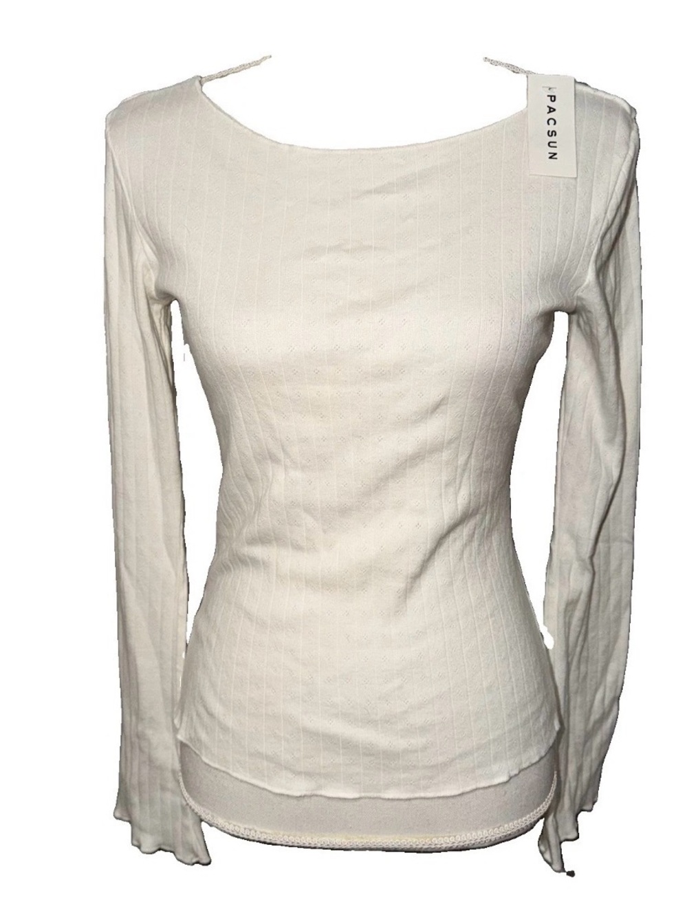 John Galt Women's Long Sleeve Pointelle Knit White Top One Size NWT Boat Neck